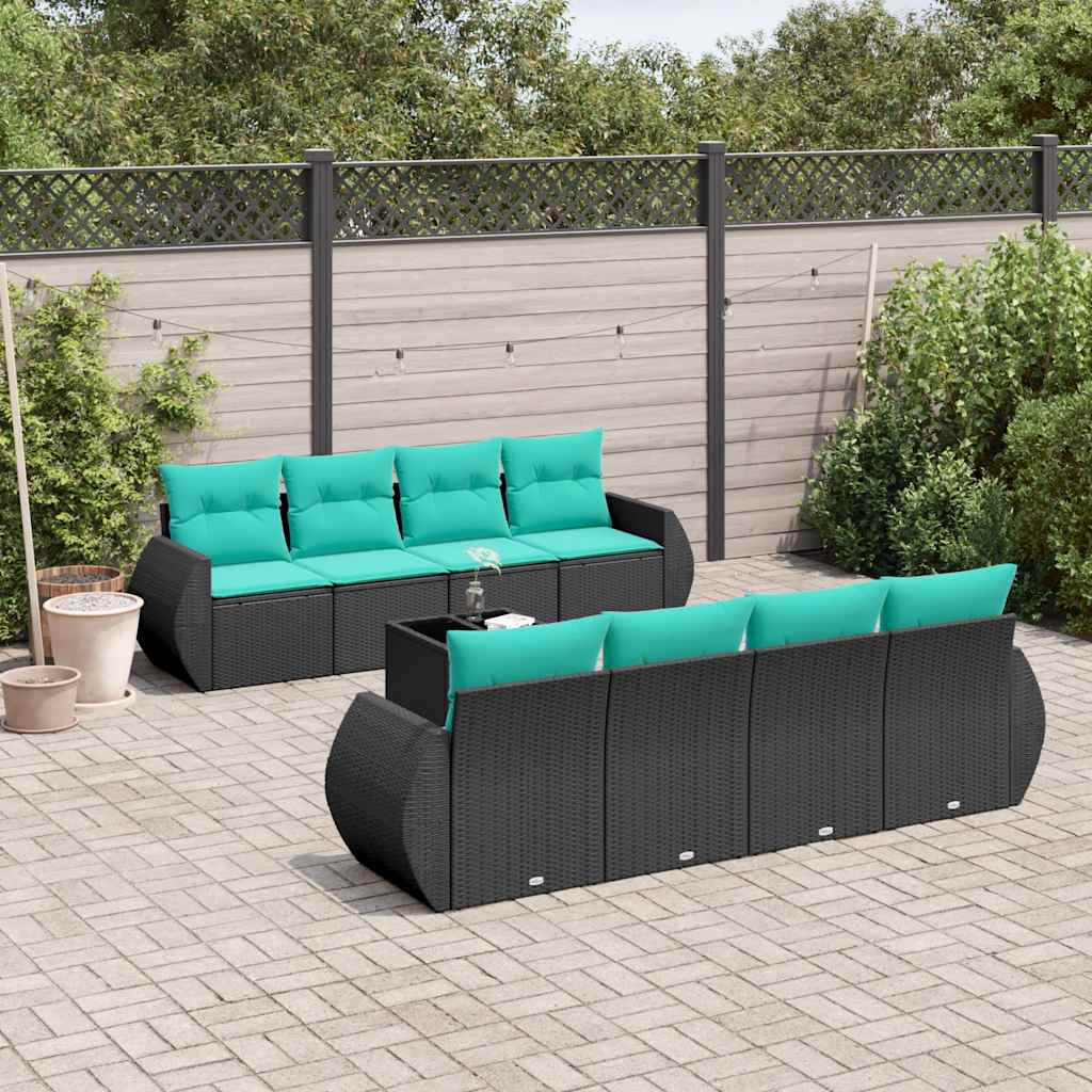 Conjunto de sofá de jardim de 9 peças com almofadas em rattan sintético preto