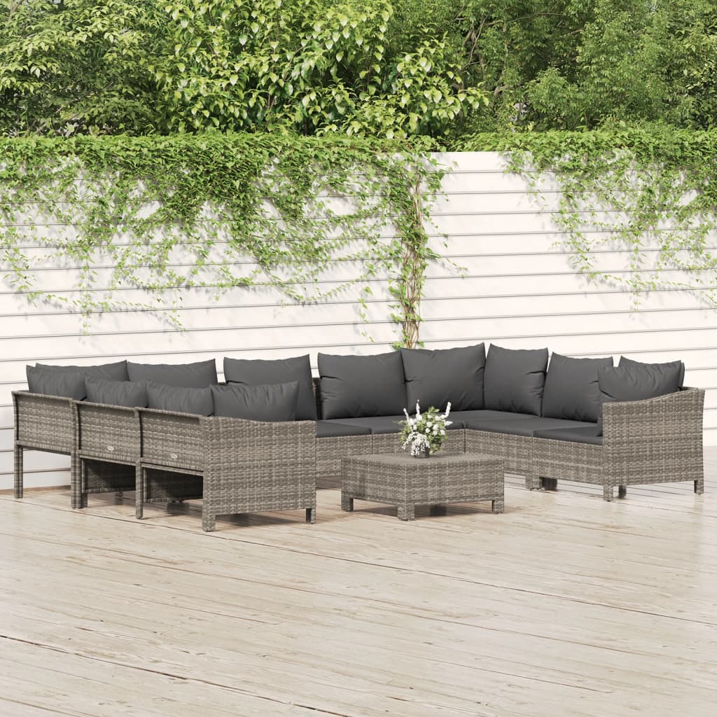 10 Pcs conjunto lounge de jardim c/ almofadões vime PE cinzento
