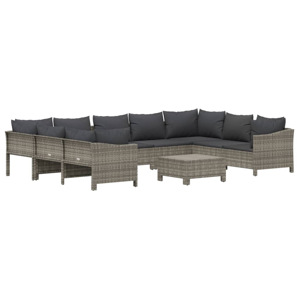 10 Pcs conjunto lounge de jardim c/ almofadões vime PE cinzento