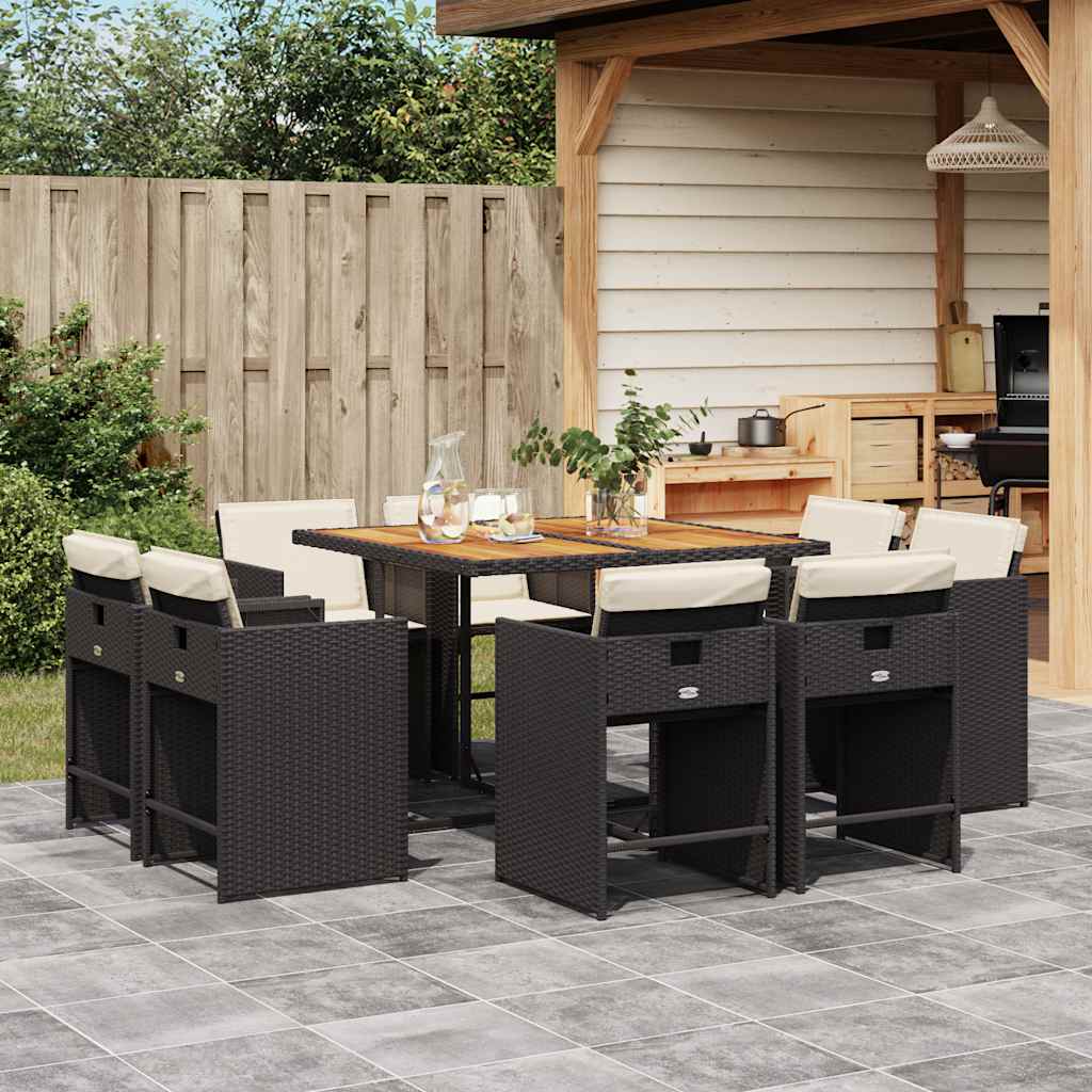 9 Pcs conjunto de jantar p/ jardim c/ almofadões vime PE preto