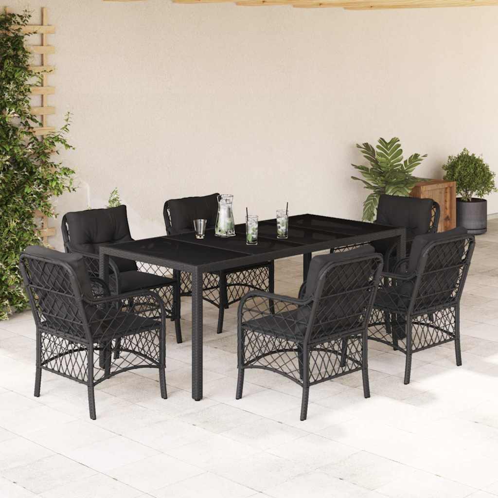 7 Pcs conjunto de jantar p/ jardim c/ almofadões vime PE preto
