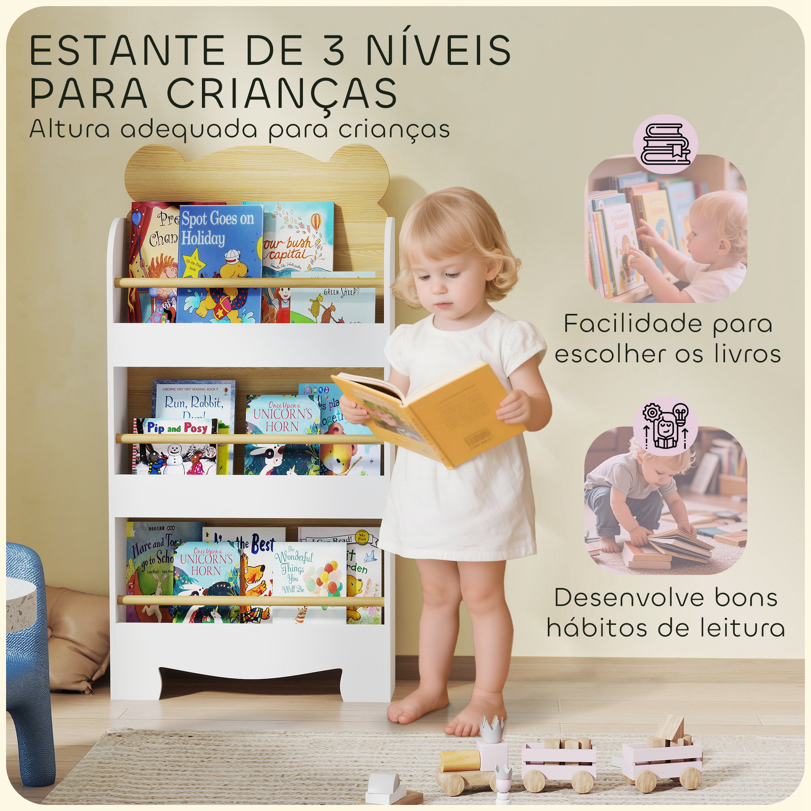 Estante infantil de 3 níveis estante para livros infantil desenho de ursinho 55x15x110 cm branco e madeira