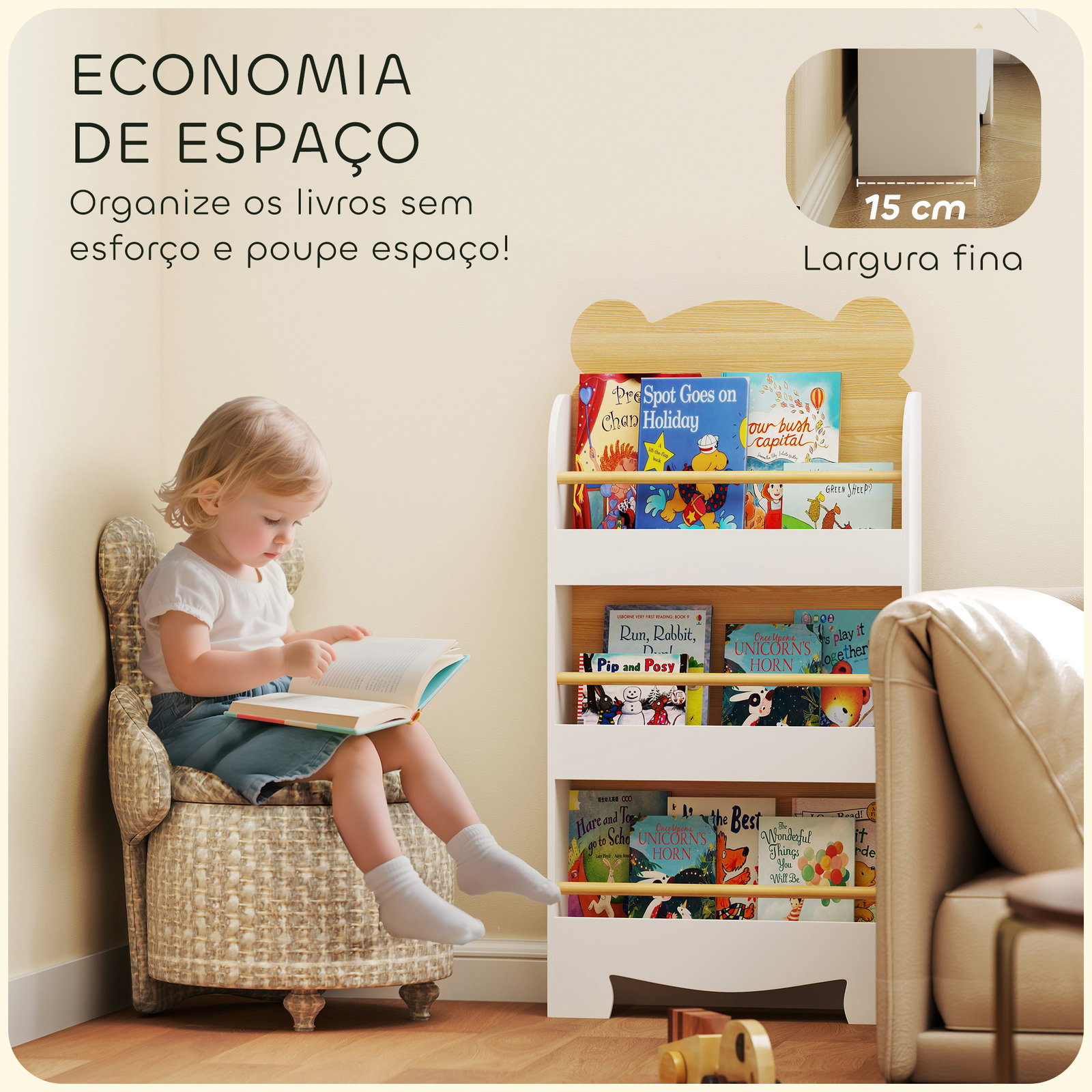 Estante infantil de 3 níveis estante para livros infantil desenho de ursinho 55x15x110 cm branco e madeira