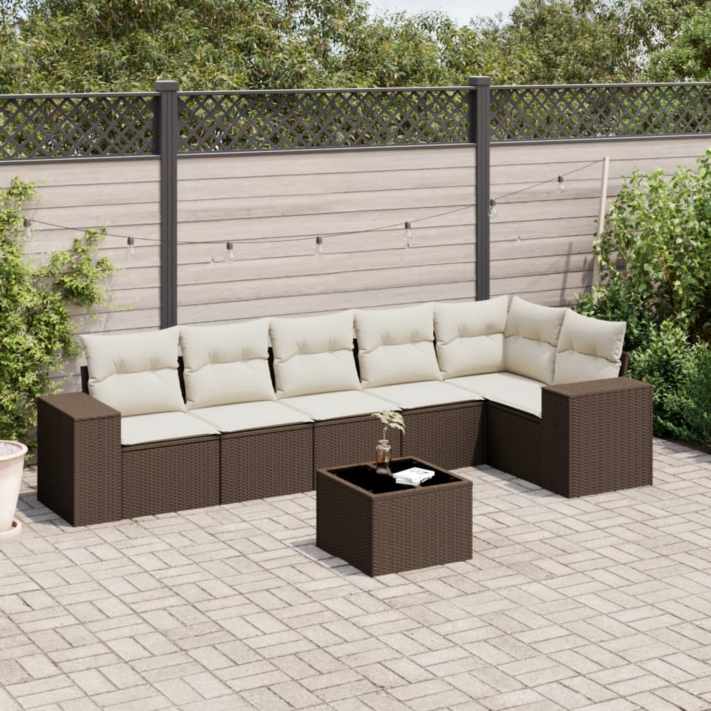 7 Pcs conjunto de sofás jardim c/ almofadões vime PE castanho