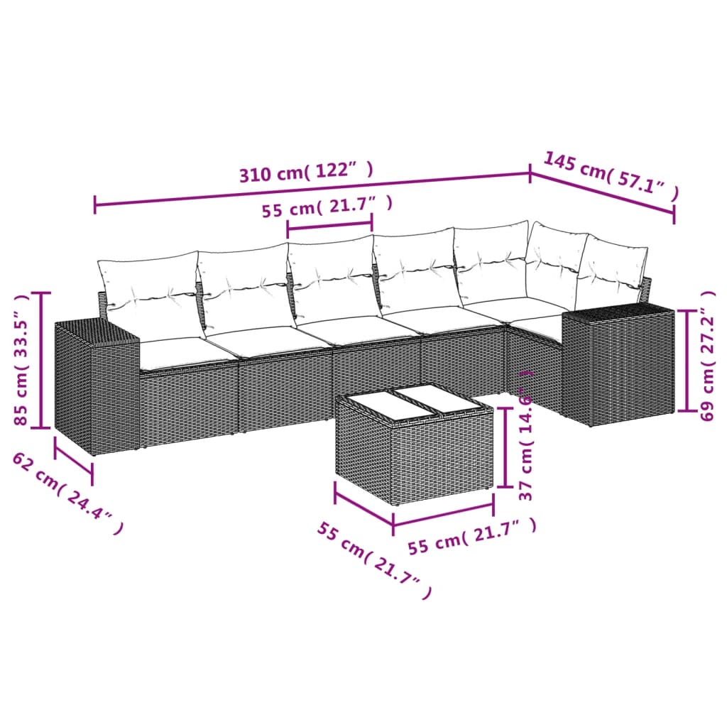 7 Pcs conjunto de sofás jardim c/ almofadões vime PE castanho