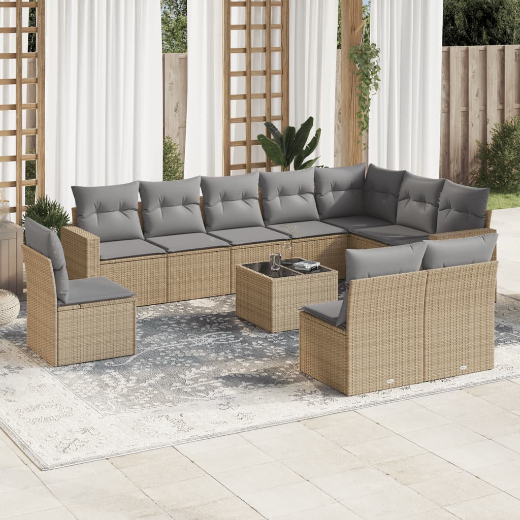11 Pcs conjunto sofás de jardim c/ almofadões vime PE bege