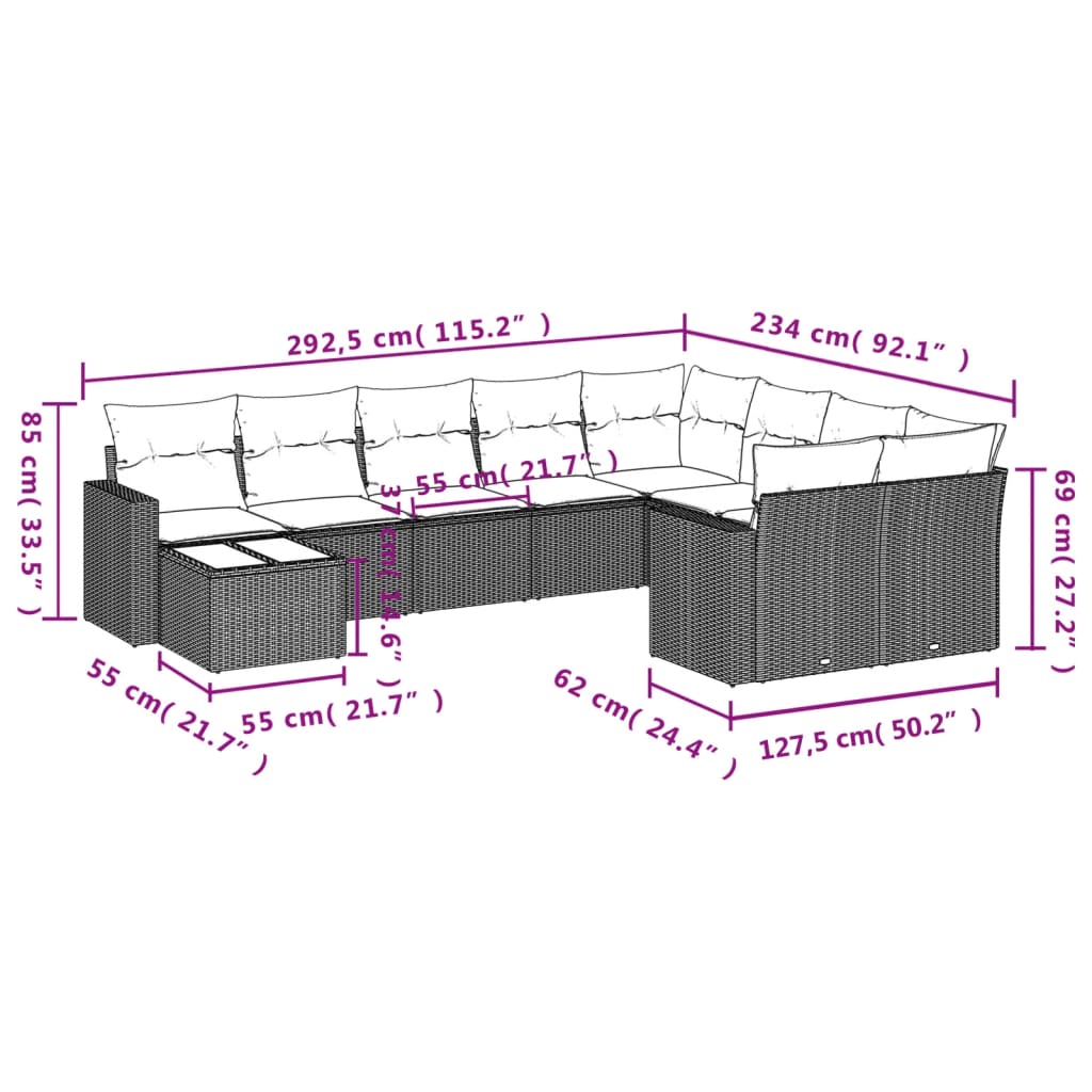 10 Pcs conjunto sofás de jardim c/ almofadões vime PE preto