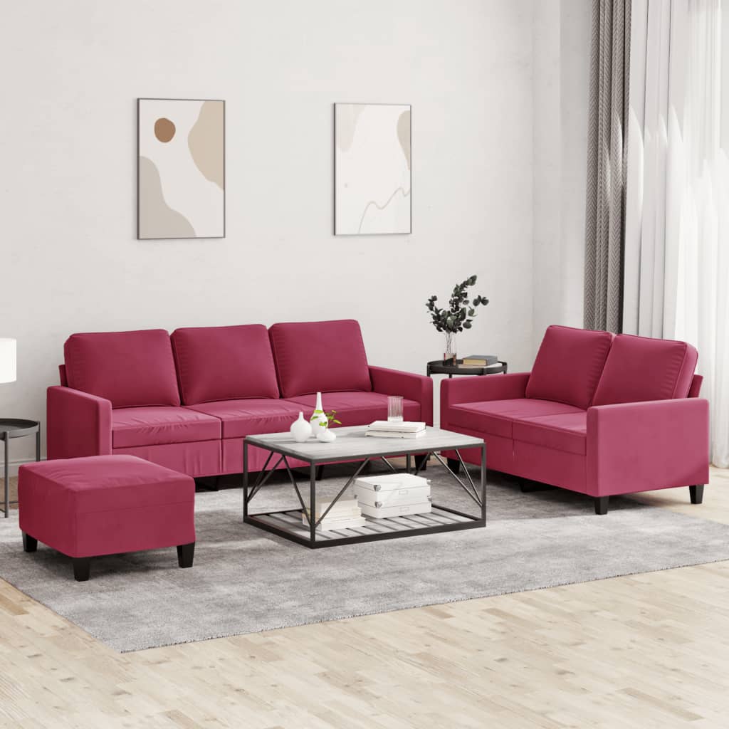 3 Pcs conjunto de sofás com almofadões veludo vermelho tinto