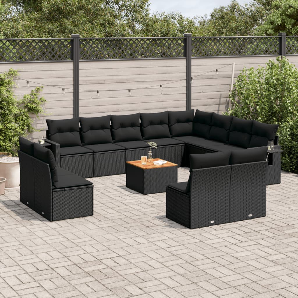 13 Pcs conjunto de sofás de jardim com almofadões vime PE preto