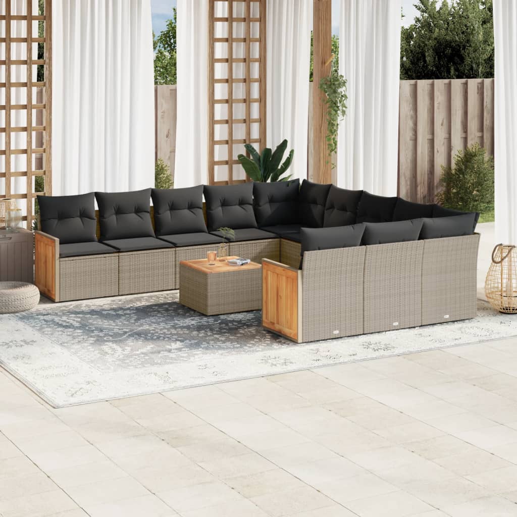 12 Pcs conjunto de sofás jardim c/ almofadões vime PE cinzento