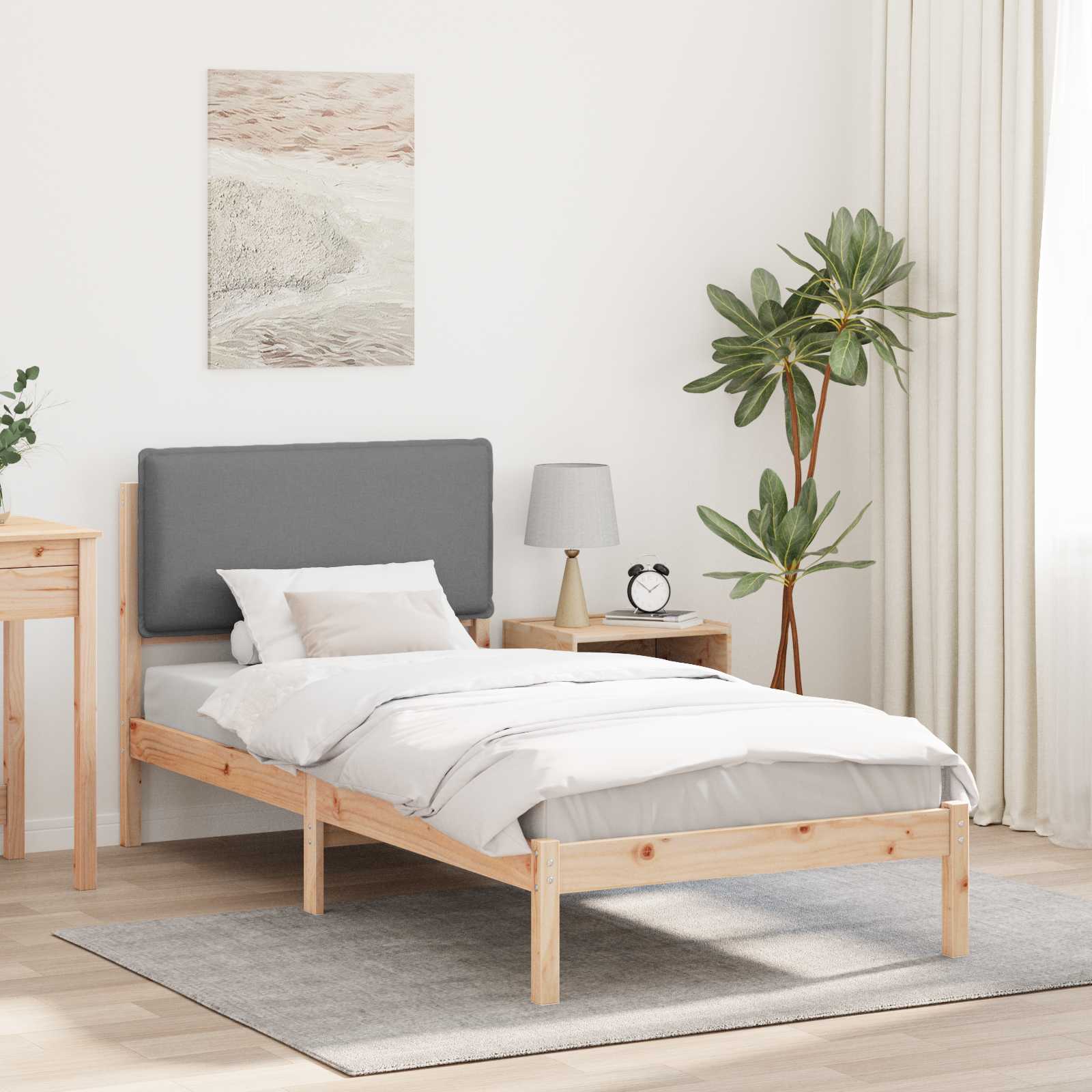 Estrutura de cama com cabeceira estofada cinzento-claro