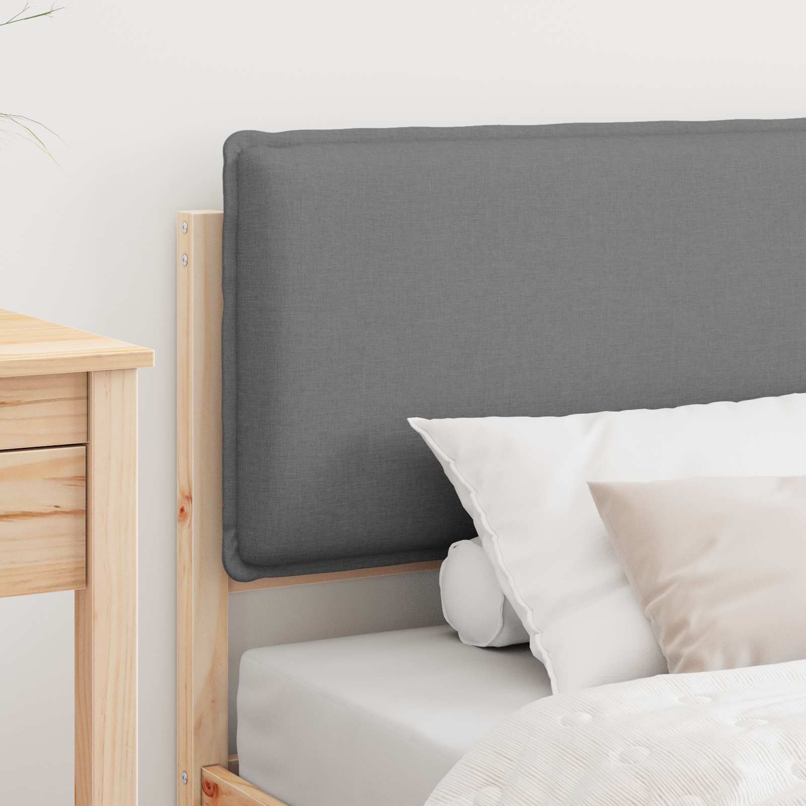 Estrutura de cama com cabeceira estofada cinzento-claro