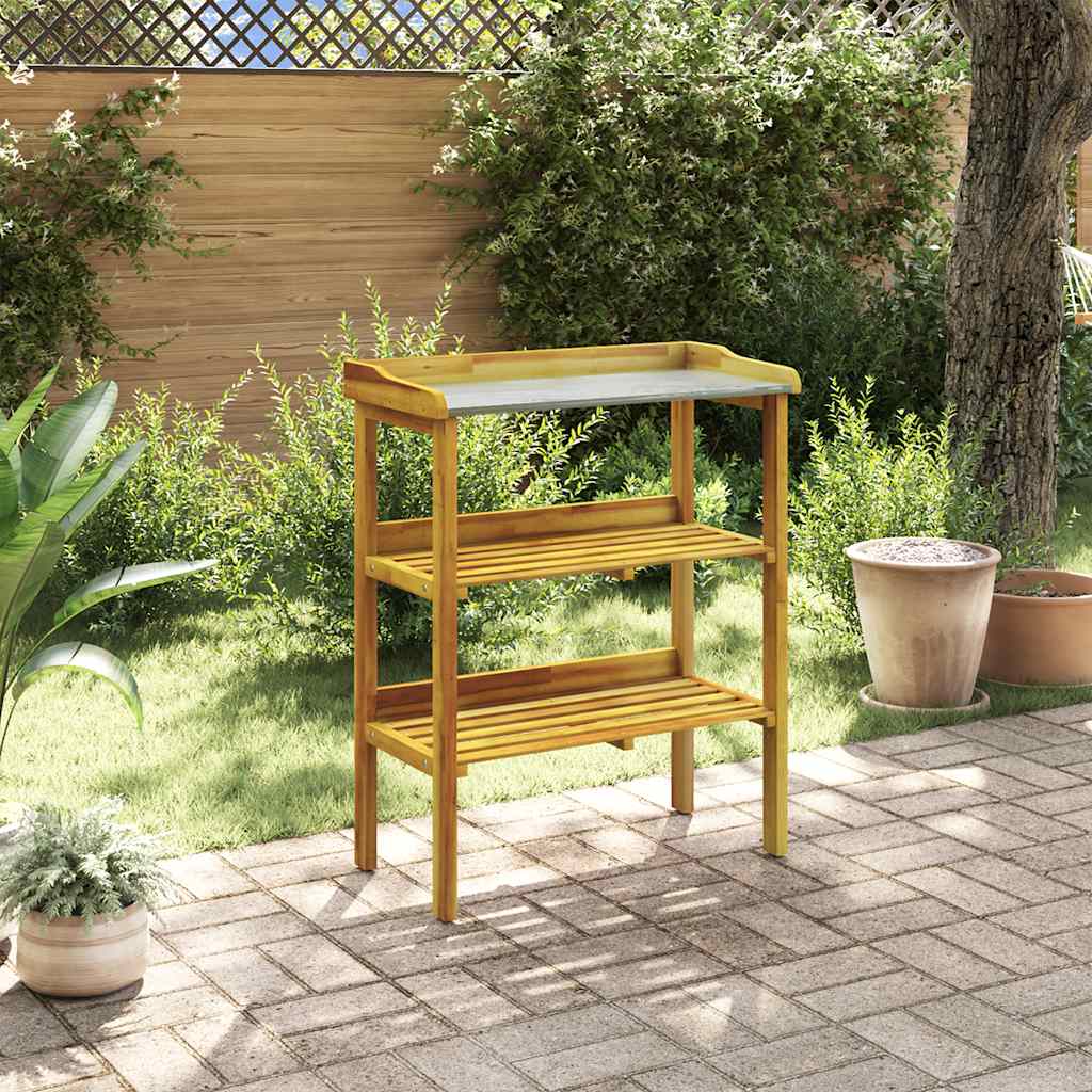 Mesa jardinagem c/ 2 prateleiras madeira acácia maciça e zinco