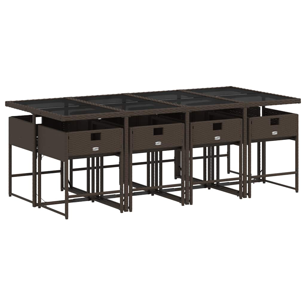 9 Pcs conjunto jantar p/ jardim c/ almofadões vime PE castanho
