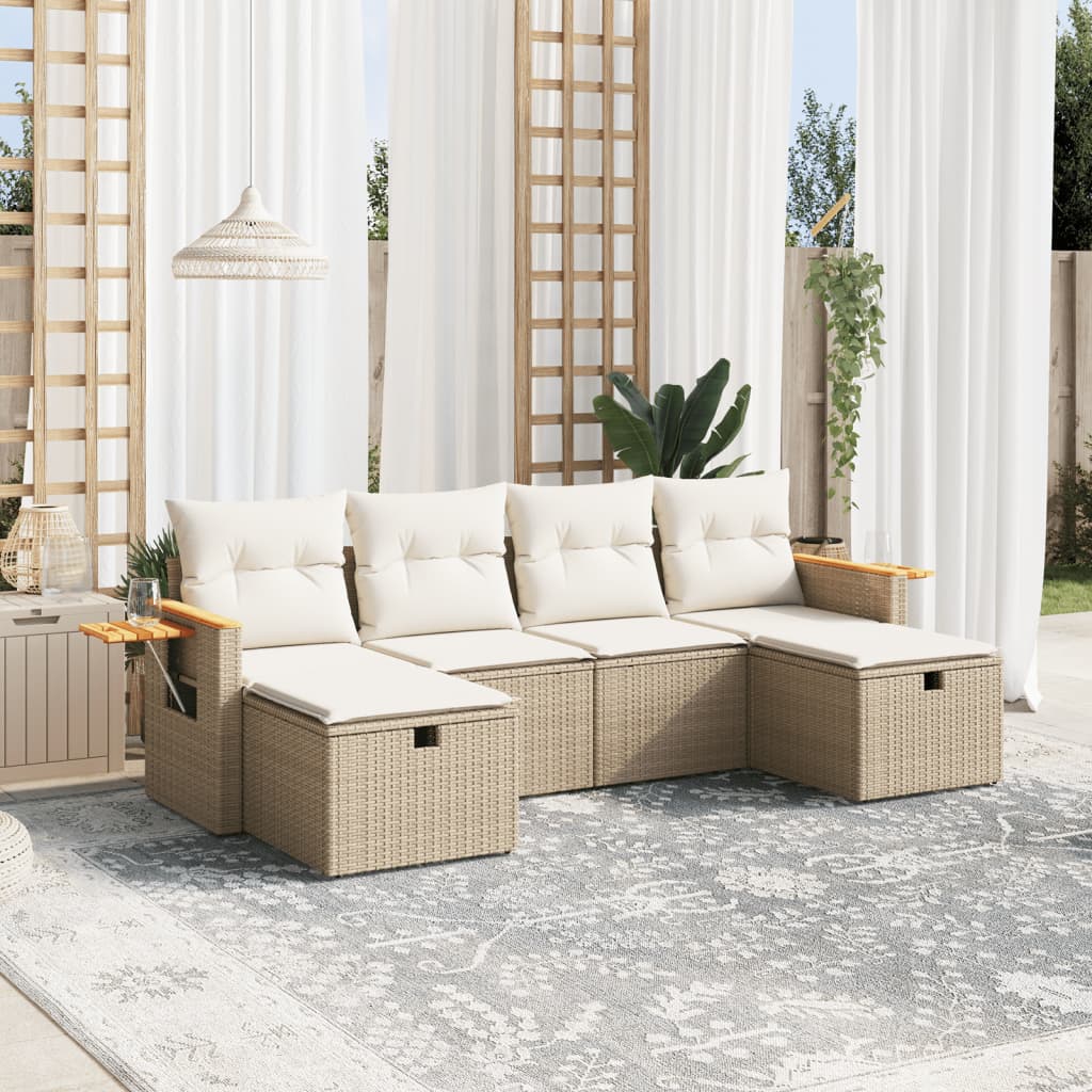 6 Pcs conjunto de sofás p/ jardim com almofadões vime PE bege