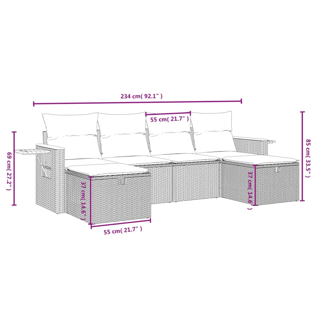 6 Pcs conjunto de sofás p/ jardim com almofadões vime PE bege