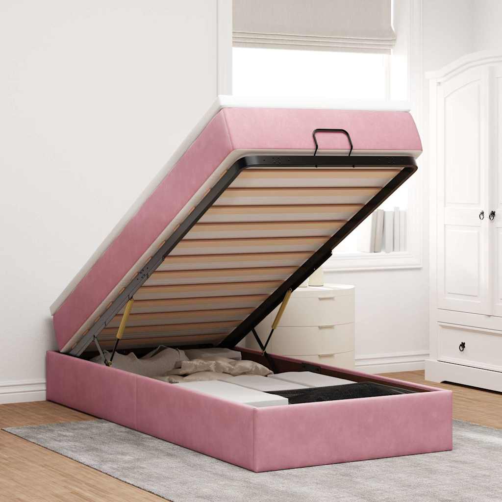 Estrutura de cama otomana com colchão 80x200 cm veludo rosa