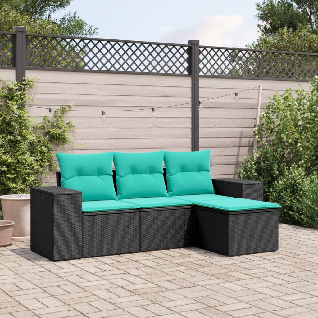 Conjunto de sofá de jardim com 4 peças e almofadas em rattan sintético preto