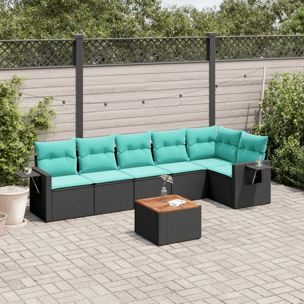 Conjunto de sofá de jardim com 7 peças e almofadas em rattan sintético preto