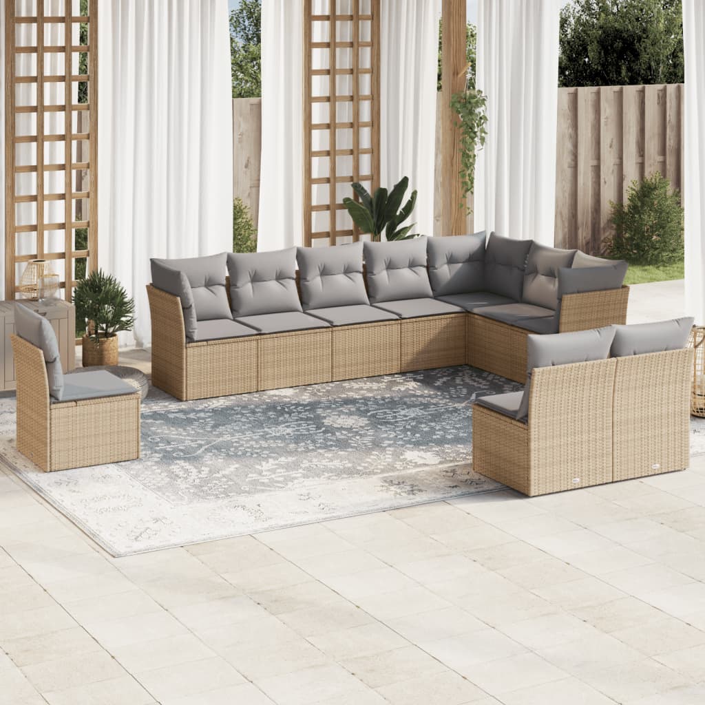 10 Pcs conjunto de sofás p/ jardim com almofadões vime PE bege