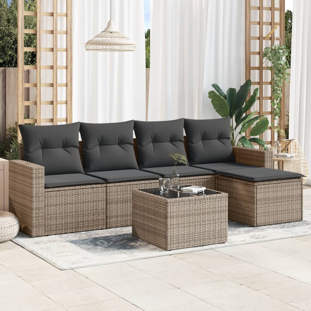 6 Pcs conjunto sofás de jardim com almofadões vime cinzento