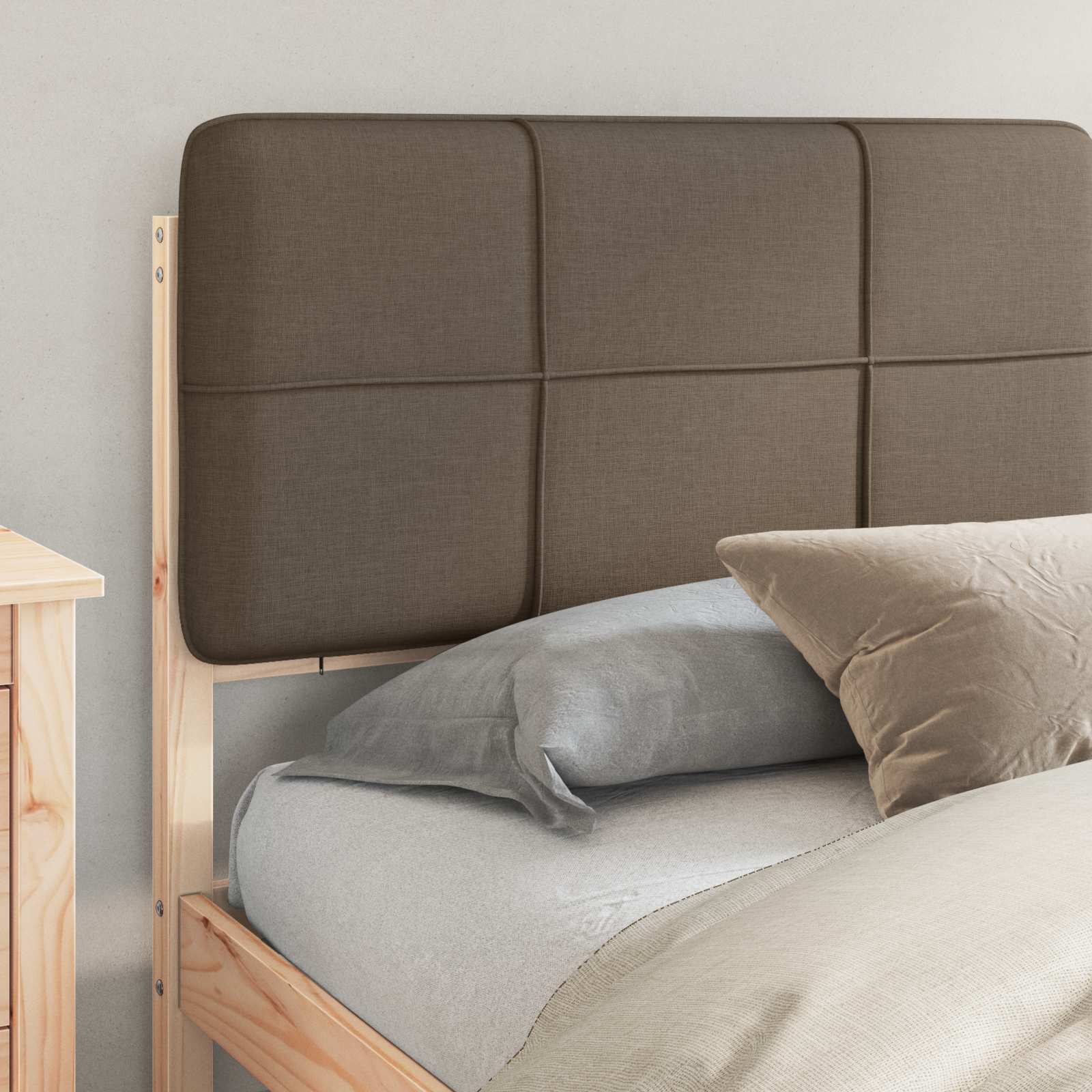 Estrutura de cama com cabeceira estofada cinzento-acastanhado