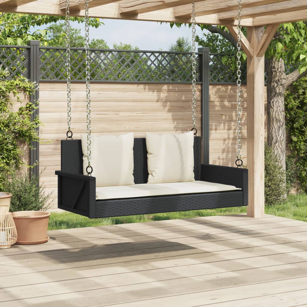 Banco de balanço com almofadas preto 119x56x48 cm vime sintético
