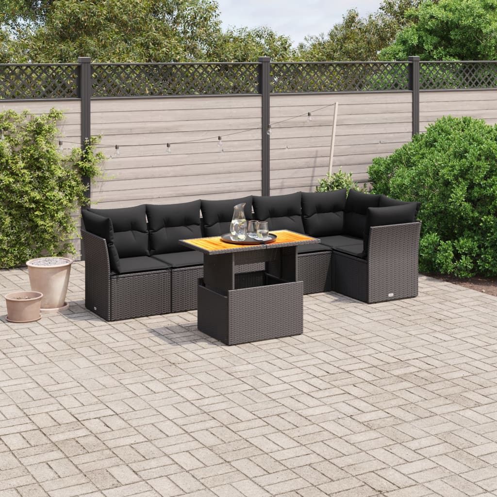 7 Pcs conjunto de sofás p/ jardim c/ almofadões vime PE preto