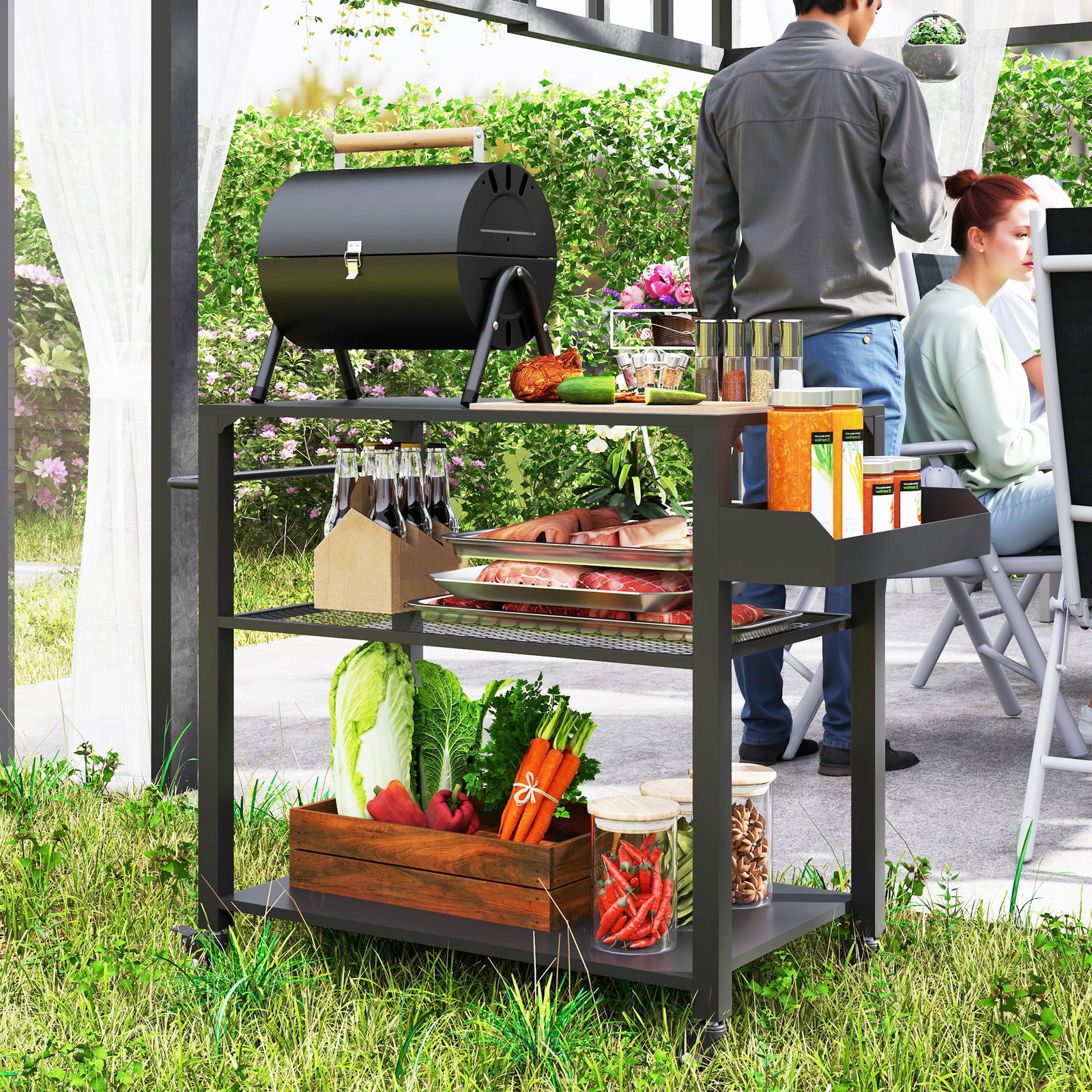 Carrinho de apoio para barbecue de 3 níveis com 4 rodas prateleiras mesa de apoio para forno de pizza 105x50x79 cm preto