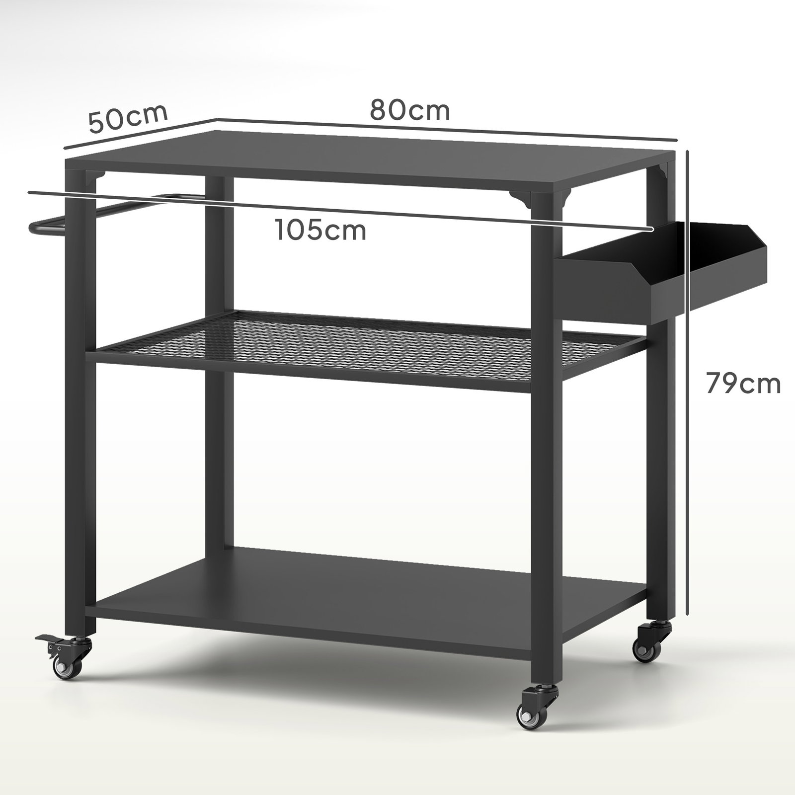 Carrinho de apoio para barbecue de 3 níveis com 4 rodas prateleiras mesa de apoio para forno de pizza 105x50x79 cm preto