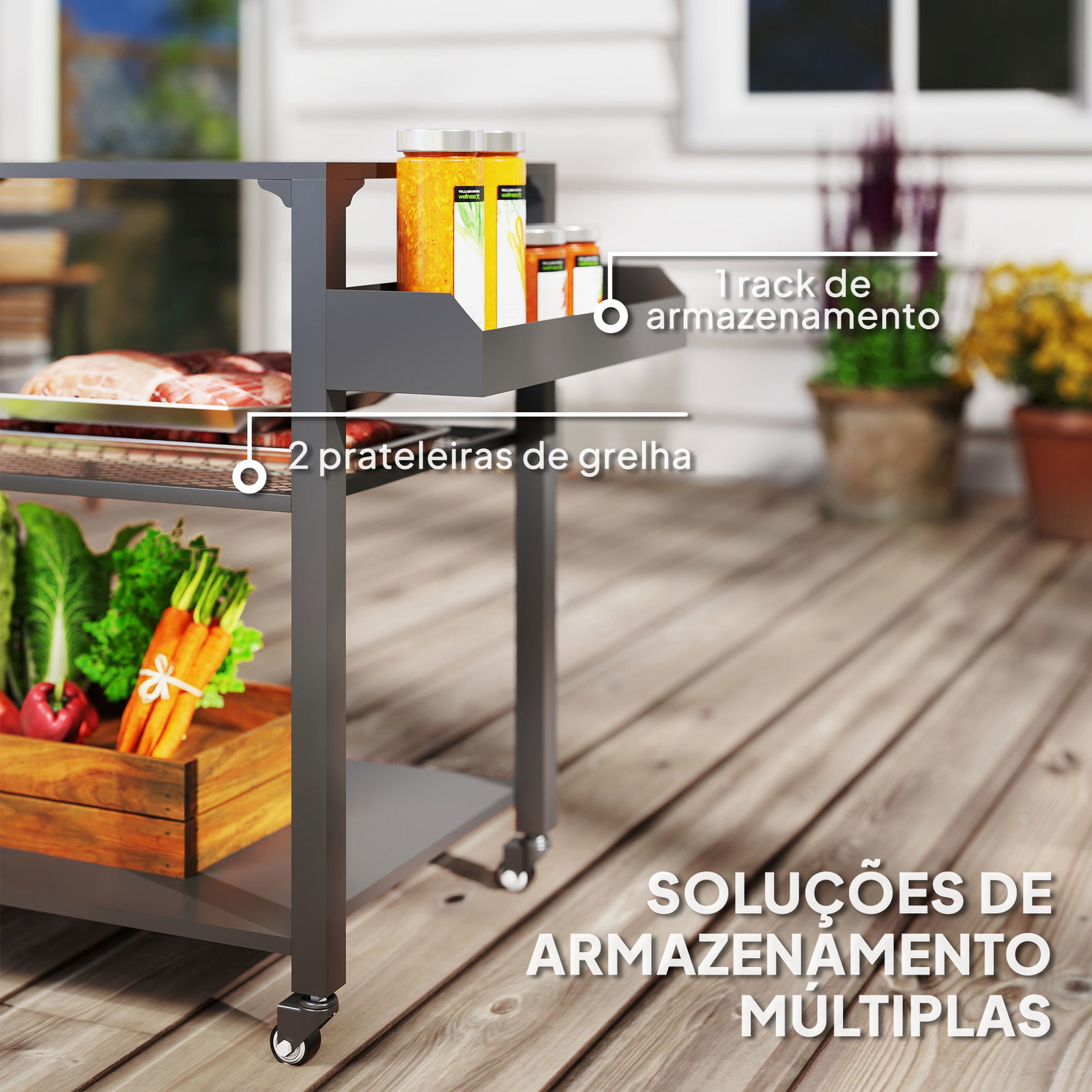 Carrinho de apoio para barbecue de 3 níveis com 4 rodas prateleiras mesa de apoio para forno de pizza 105x50x79 cm preto