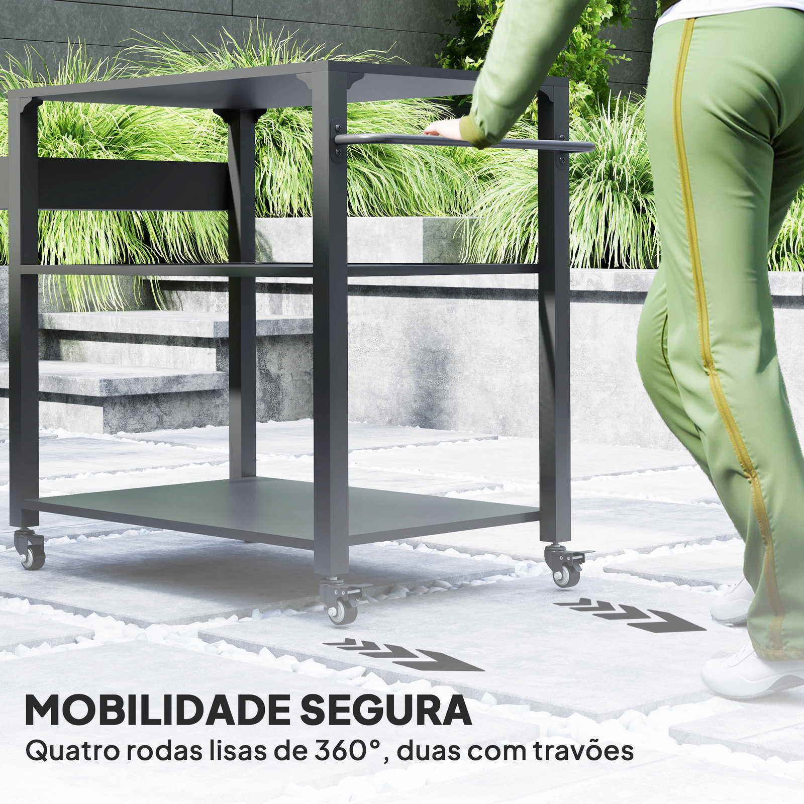 Carrinho de apoio para barbecue de 3 níveis com 4 rodas prateleiras mesa de apoio para forno de pizza 105x50x79 cm preto