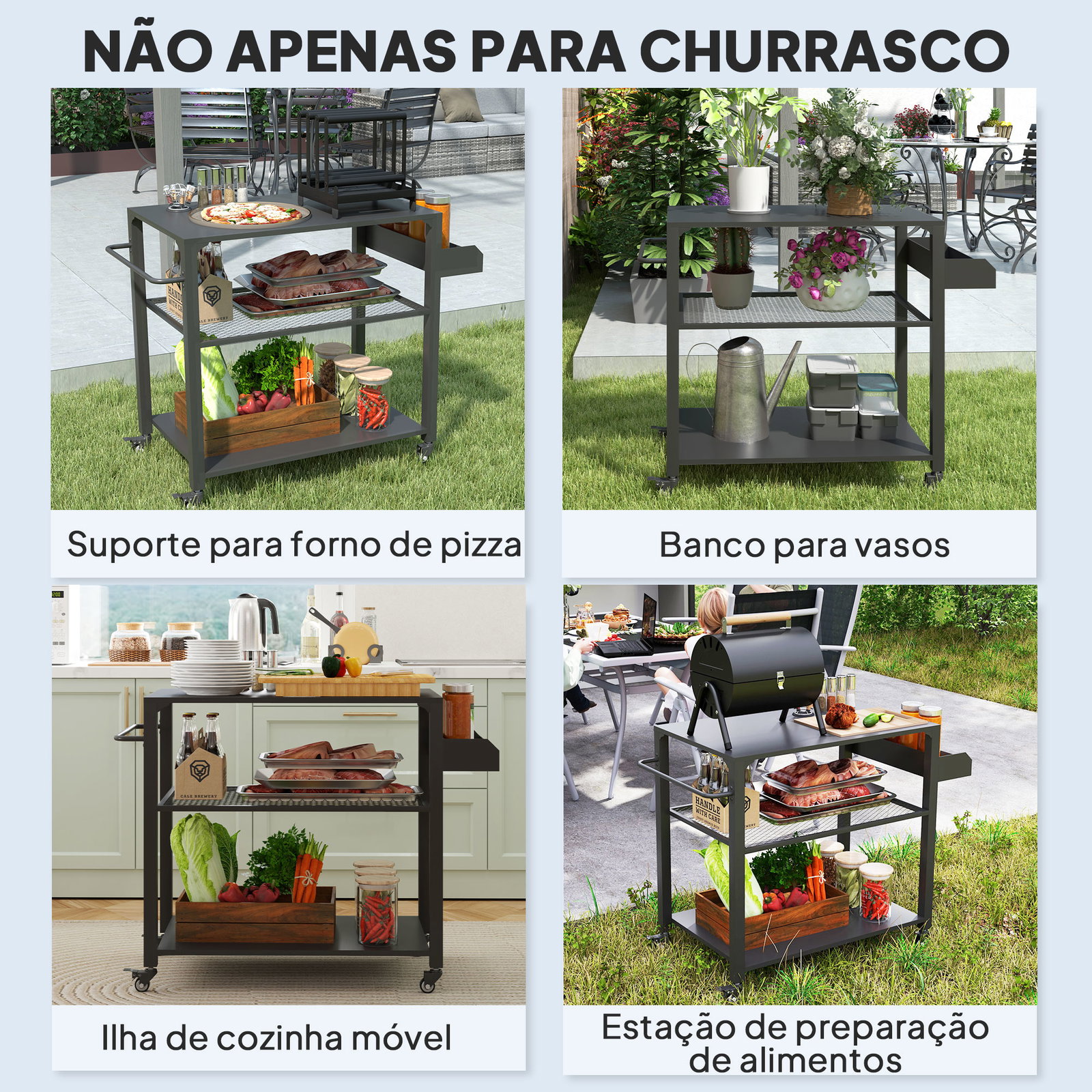 Carrinho de apoio para barbecue de 3 níveis com 4 rodas prateleiras mesa de apoio para forno de pizza 105x50x79 cm preto