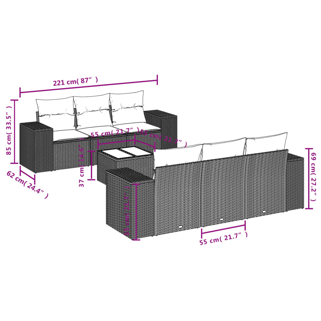 7 Pcs conjunto de sofás p/ jardim c/ almofadões vime PE preto