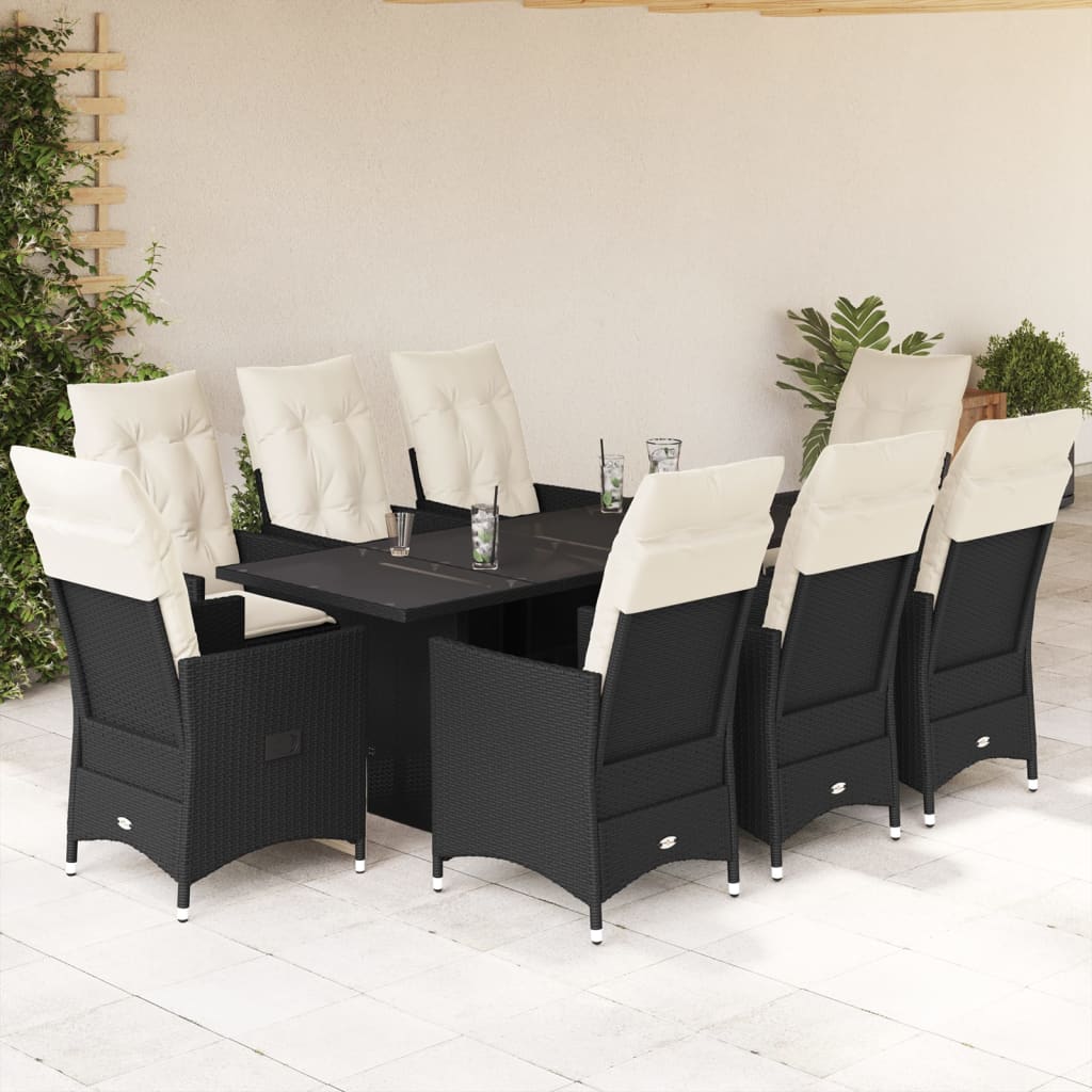 9 Pcs conjunto de jantar p/ jardim c/ almofadões vime PE preto