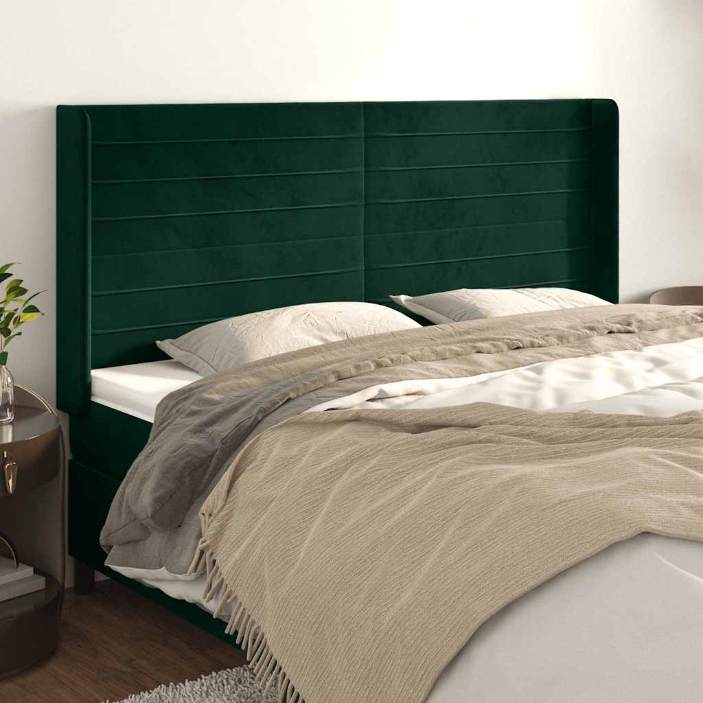 Cabeceira cama c/ abas veludo 163x16x118/128 cm verde-escuro