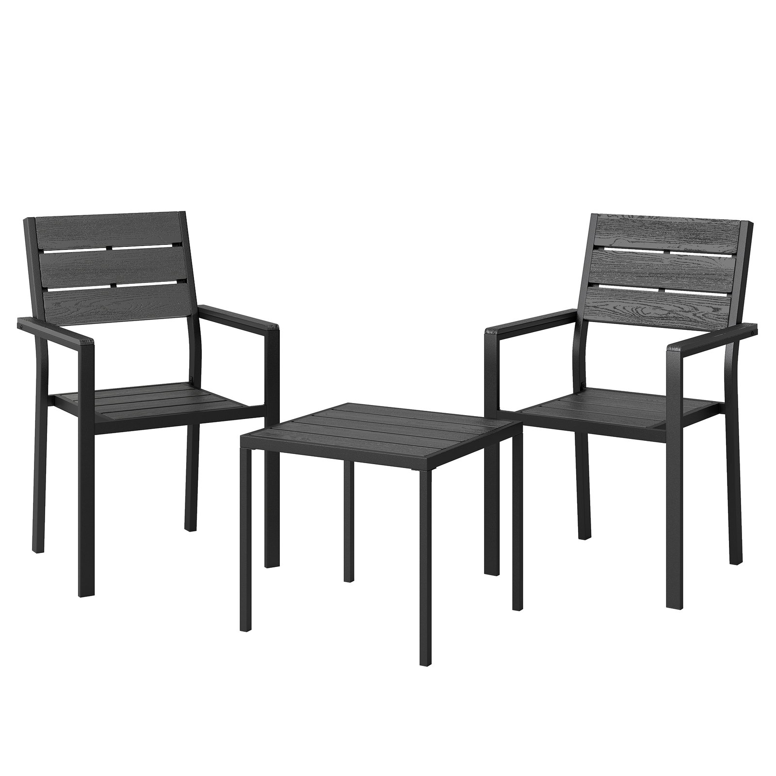 Conjunto de jardim de 3 peças com 2 cadeiras e mesa de HDPE design com ripas efeito madeira para varanda preto