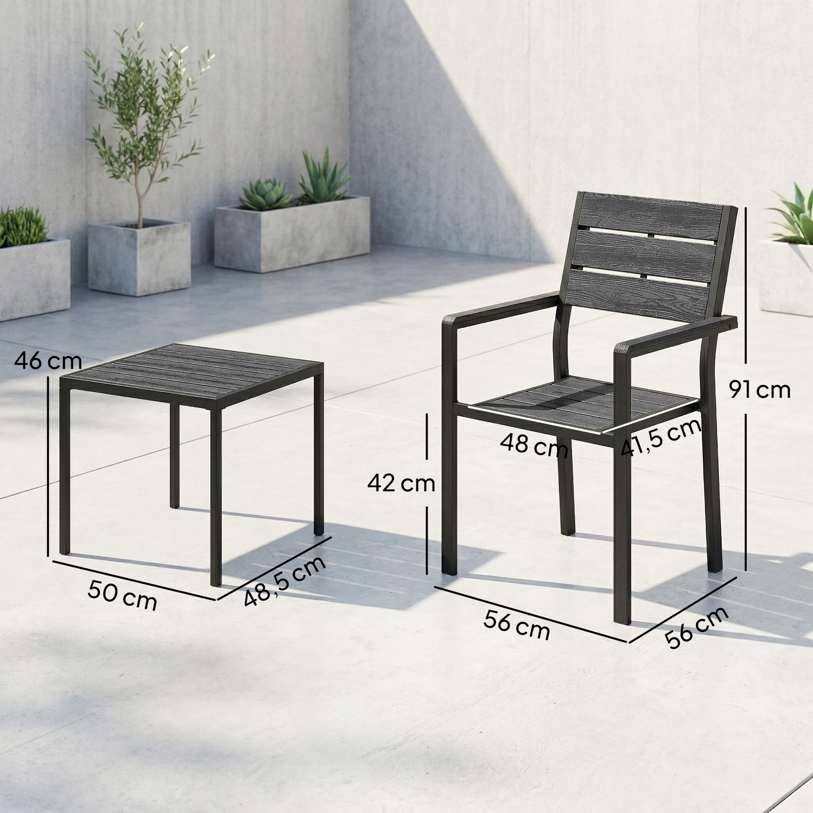 Conjunto de jardim de 3 peças com 2 cadeiras e mesa de HDPE design com ripas efeito madeira para varanda preto