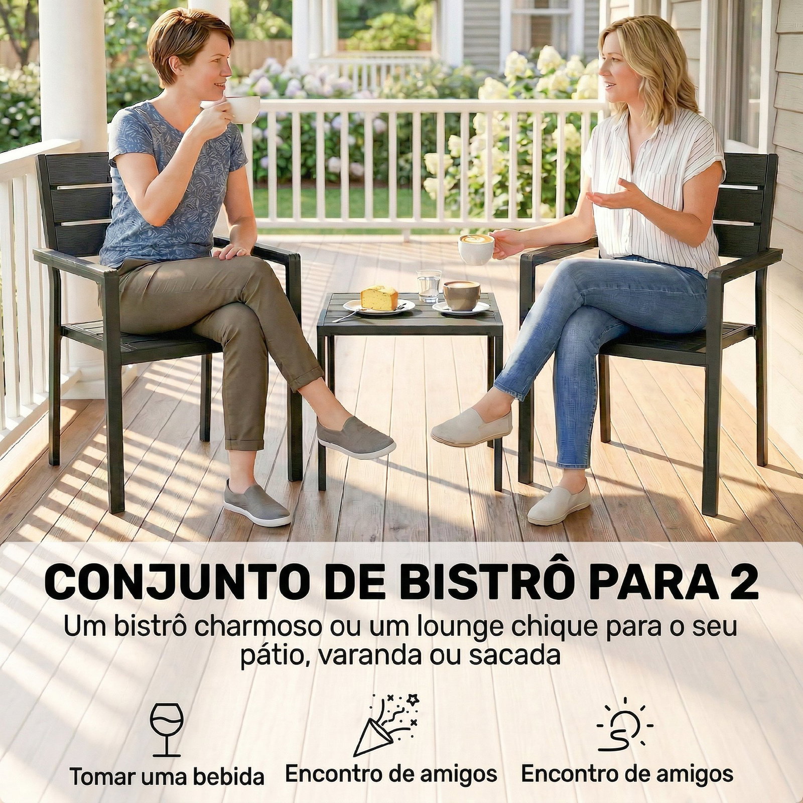 Conjunto de jardim de 3 peças com 2 cadeiras e mesa de HDPE design com ripas efeito madeira para varanda preto