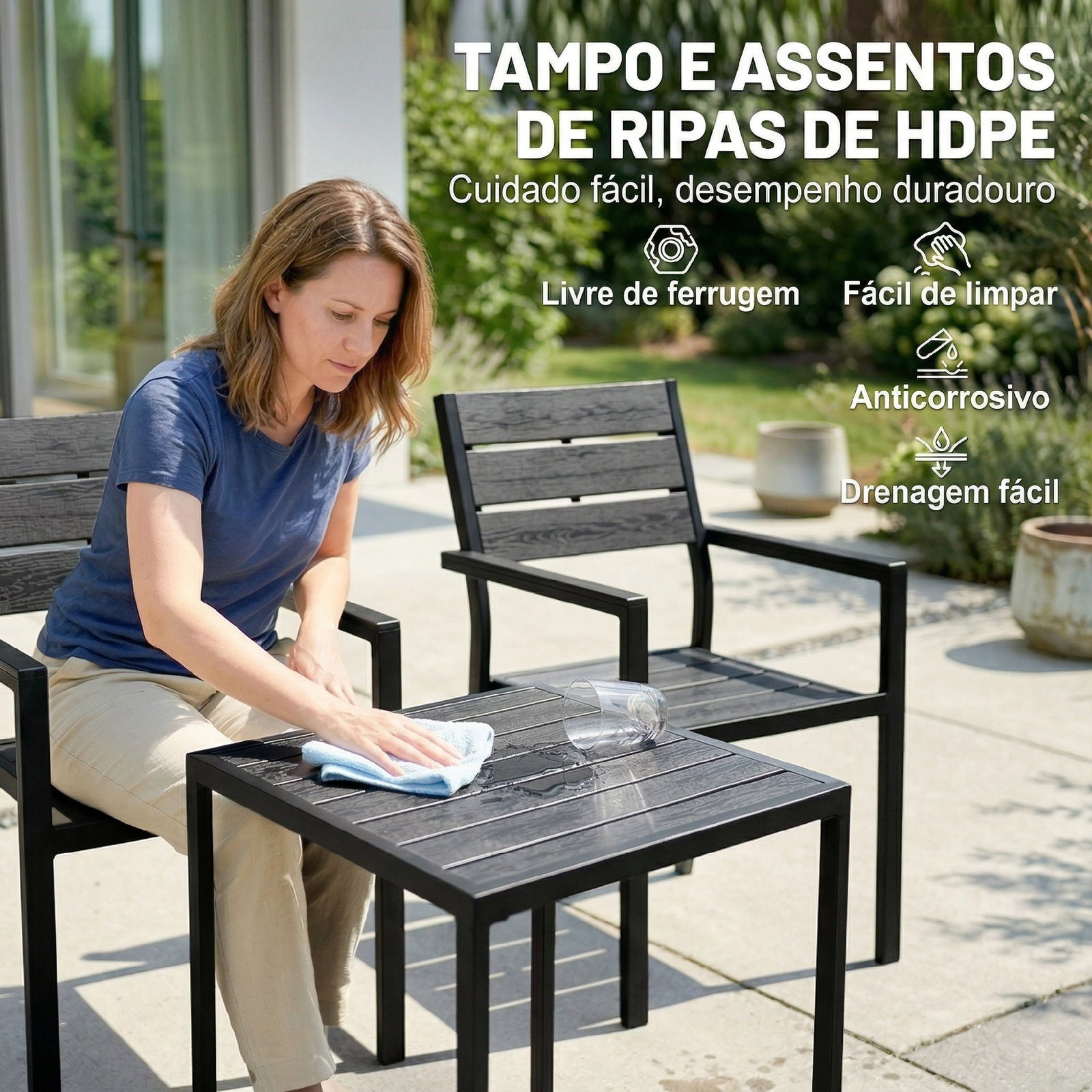 Conjunto de jardim de 3 peças com 2 cadeiras e mesa de HDPE design com ripas efeito madeira para varanda preto