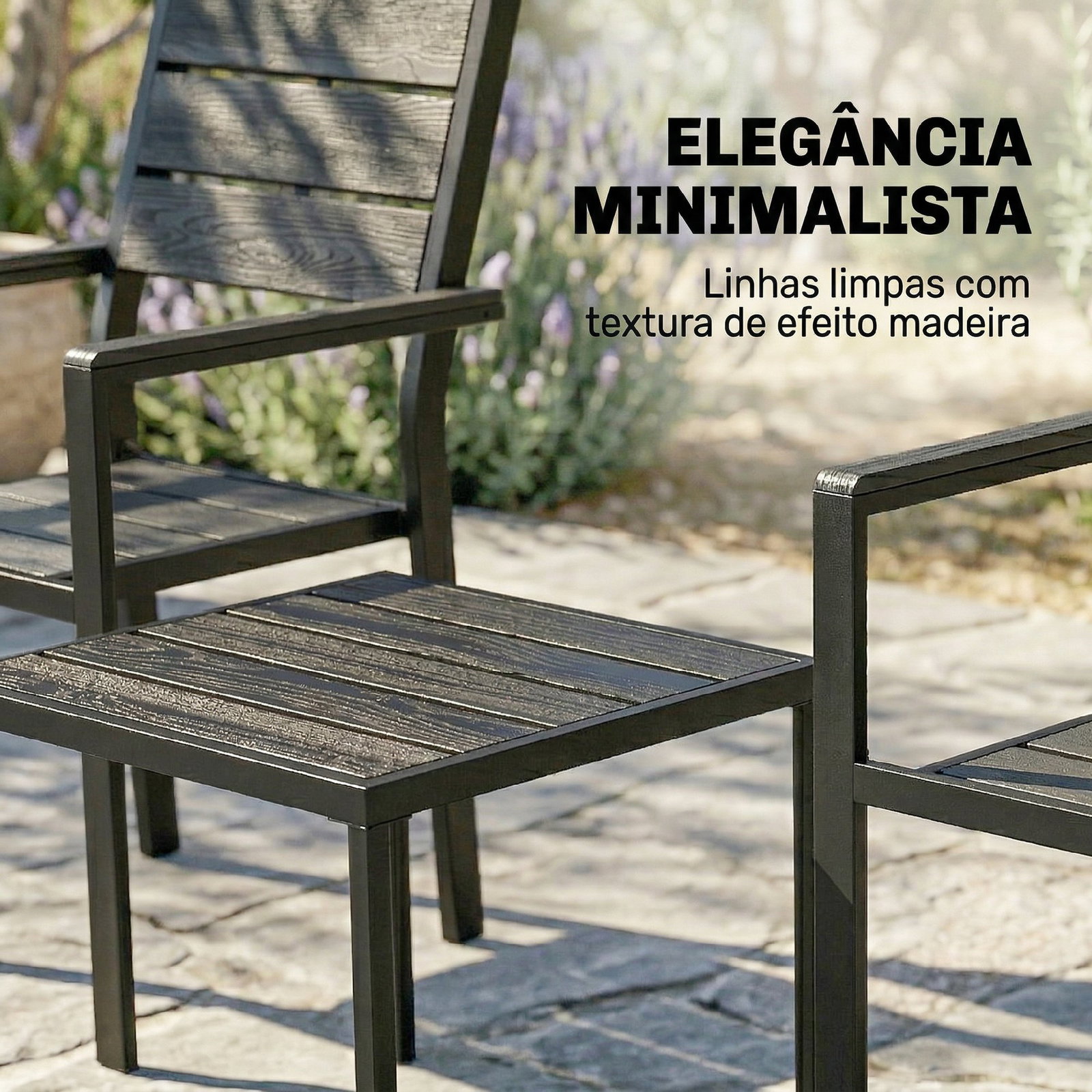 Conjunto de jardim de 3 peças com 2 cadeiras e mesa de HDPE design com ripas efeito madeira para varanda preto