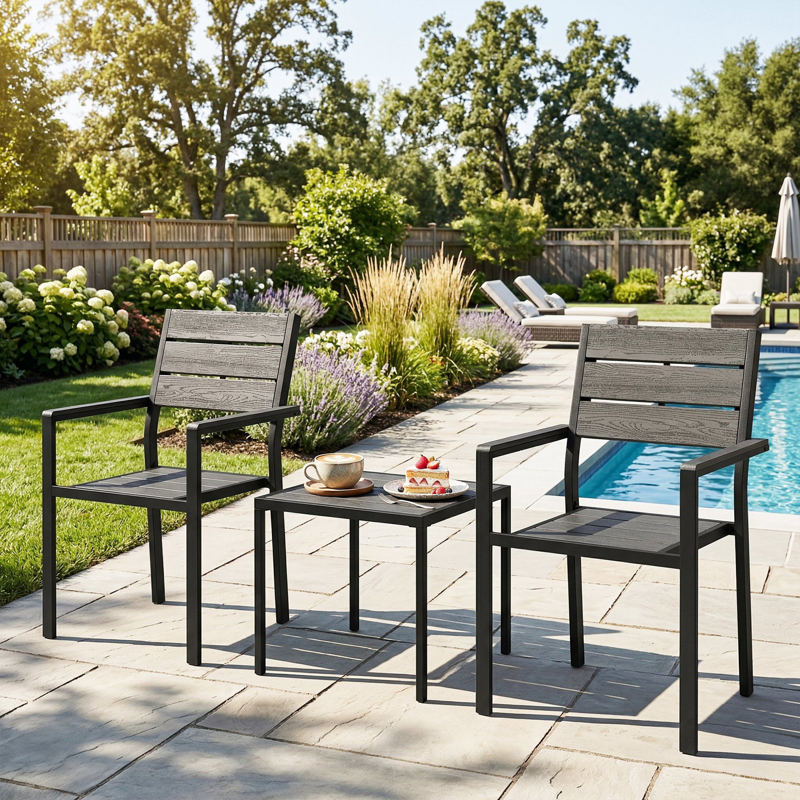 Conjunto de jardim de 3 peças com 2 cadeiras e mesa de HDPE design com ripas efeito madeira para varanda preto