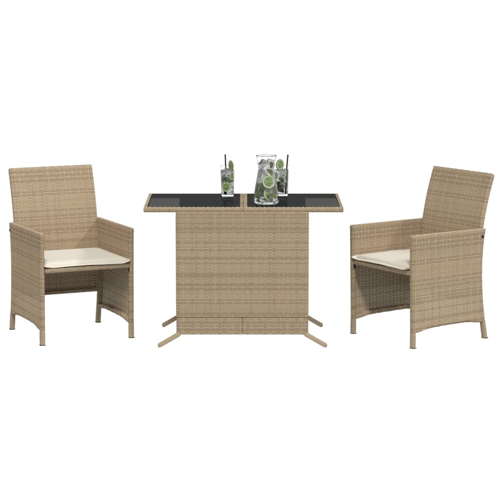 3 Pcs conjunto bistrô com almofadões vime PE bege