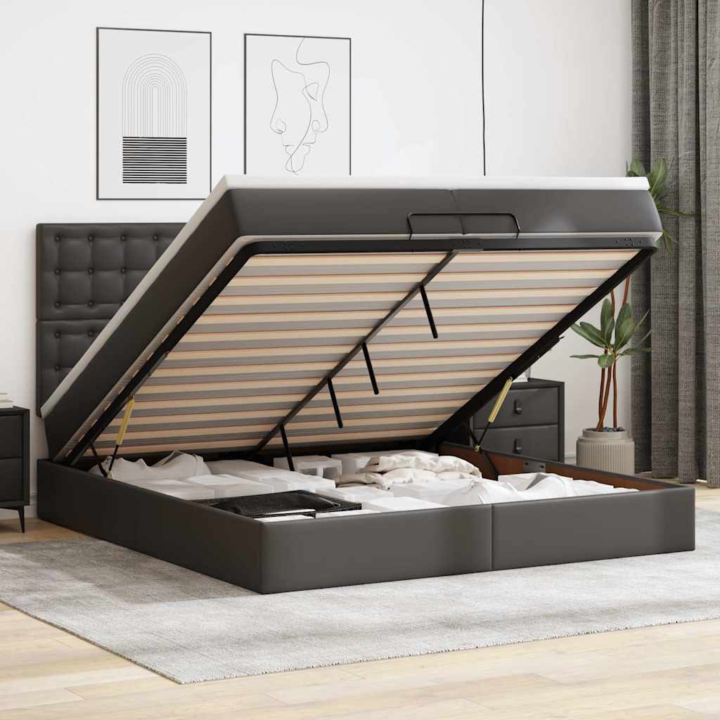 Estrutura de cama otomana com colchões pele artificial preta