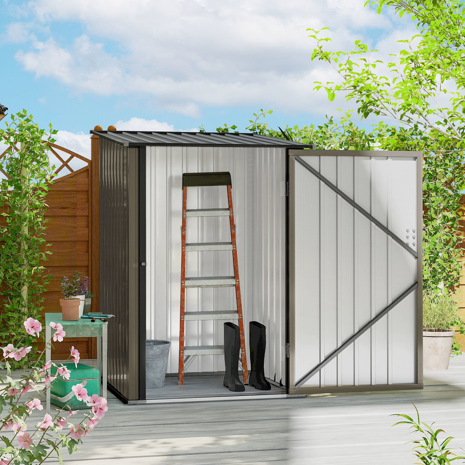 Abrigo de jardim de aço galvanizado com porta fechadura e teto inclinado 0,92 m² 100x103x160 cm castanho