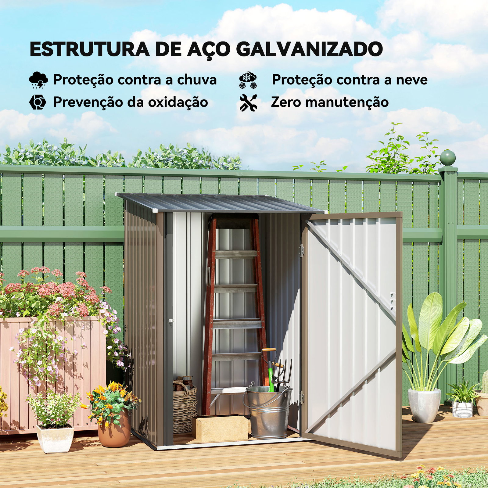 Abrigo de jardim de aço galvanizado com porta fechadura e teto inclinado 0,92 m² 100x103x160 cm castanho
