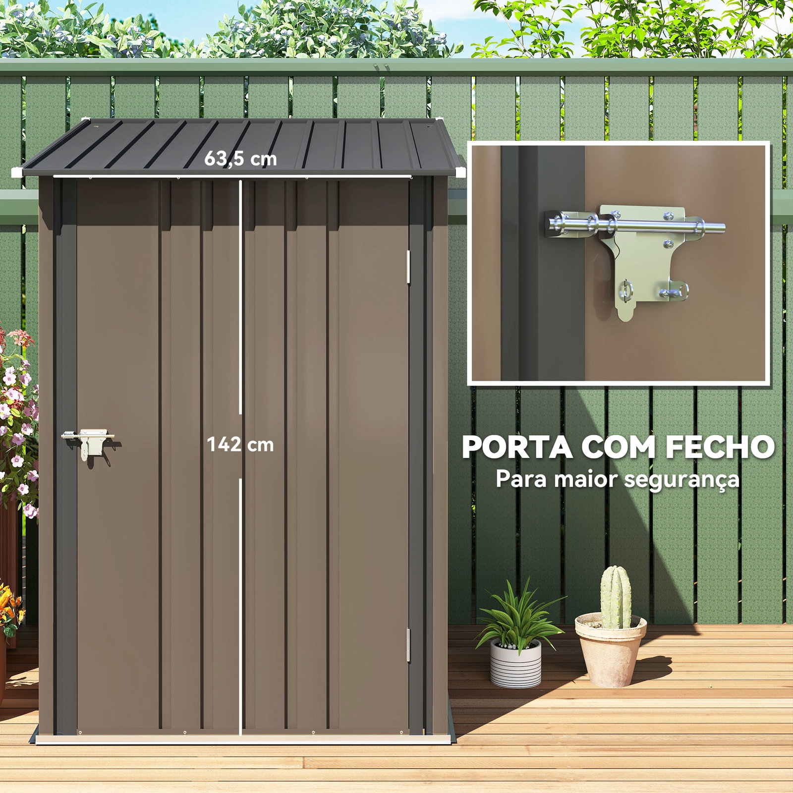 Abrigo de jardim de aço galvanizado com porta fechadura e teto inclinado 0,92 m² 100x103x160 cm castanho