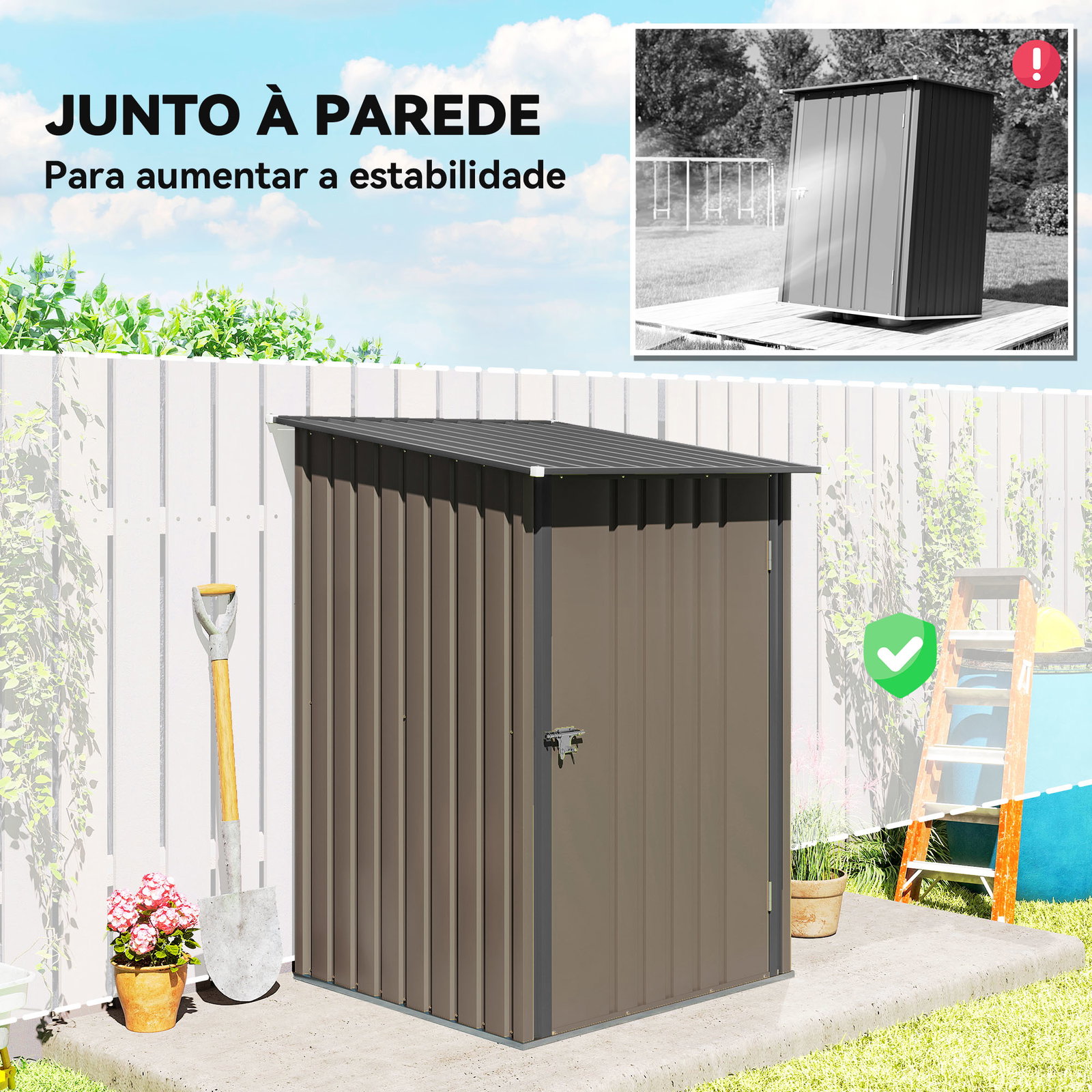 Abrigo de jardim de aço galvanizado com porta fechadura e teto inclinado 0,92 m² 100x103x160 cm castanho