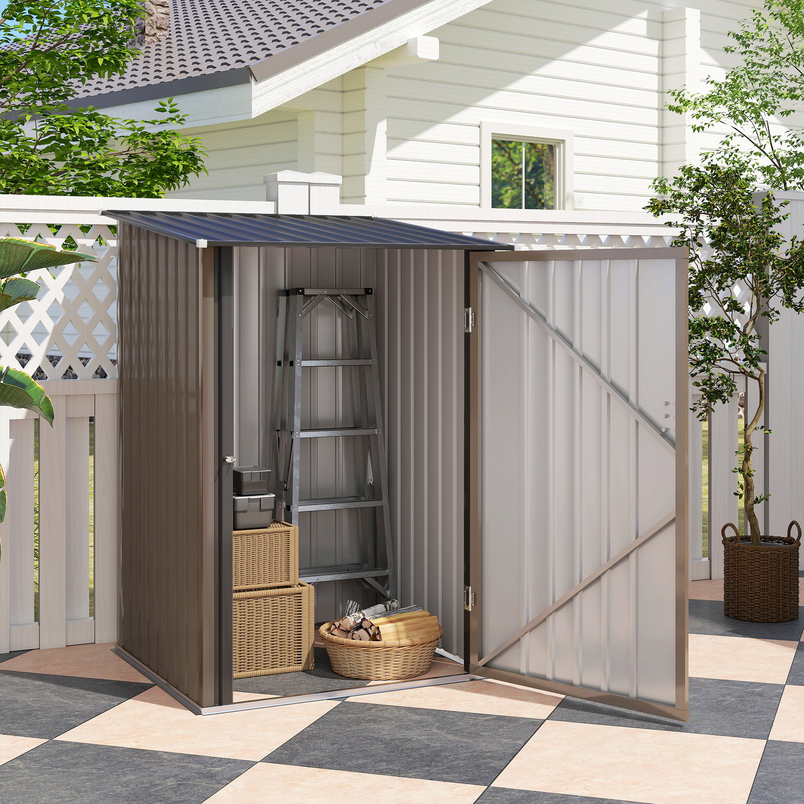 Abrigo de jardim de aço galvanizado com porta fechadura e teto inclinado 0,92 m² 100x103x160 cm castanho