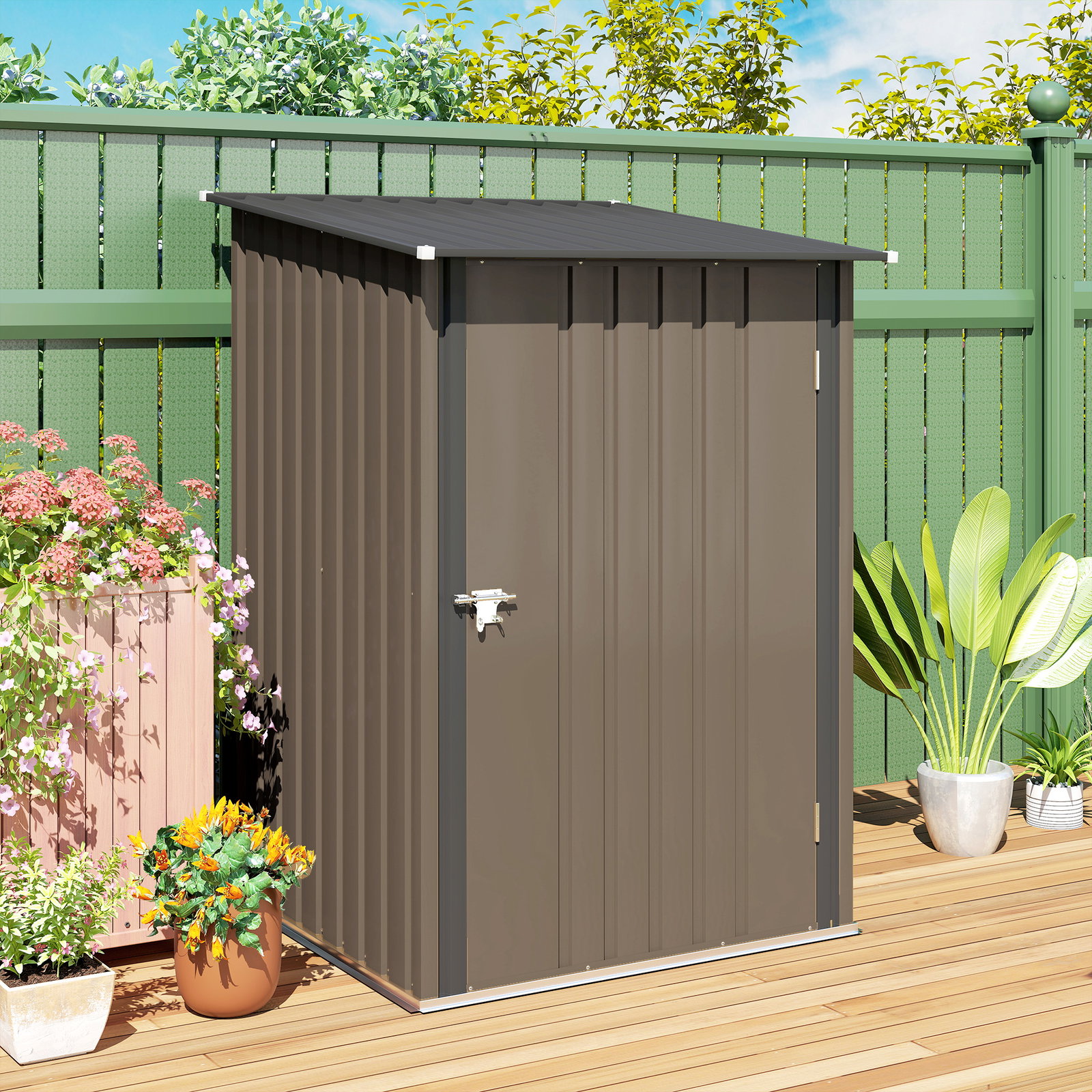 Abrigo de jardim de aço galvanizado com porta fechadura e teto inclinado 0,92 m² 100x103x160 cm castanho